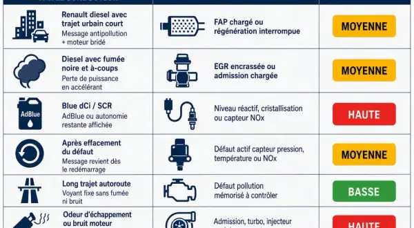 Tableau des symptômes de moteur diesel : FAP saturé, EGR encrassée, ou trop d'air dans le moteur diesel peuvent causer des problèmes. Urgence variable.
