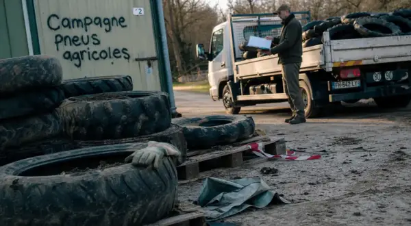 Un homme près d'un camion chargé de pneus agricoles. Un panneau indique "Campagne Pneus agricoles", un lieu où jeter des pneus usagés.
