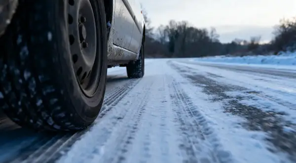 Pneus 4 saisons sur route enneigée. Ils glissent, montrant pourquoi les pneus 4 saisons sont à éviter en hiver pour votre sécurité.
