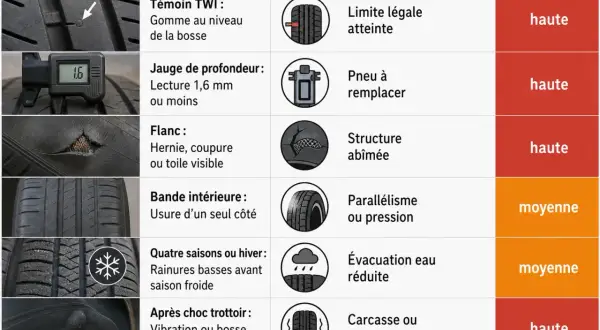 Tableau comparant les symptômes d'usure des pneus, leurs causes probables et l'urgence. L'usure anormale peut indiquer un problème.