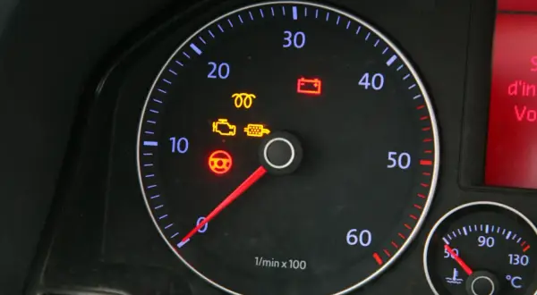 Tableau de bord avec voyant FAP allumé, mais sans perte de puissance. Le moteur tourne à bas régime.