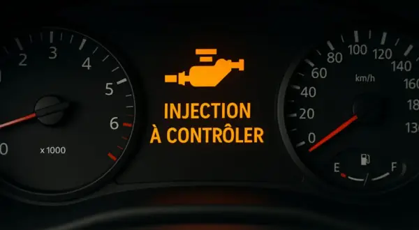 Tableau de bord d'une Mégane 3 avec le voyant "INJECTION À CONTRÔLER" allumé, signalant un problème potentiel.