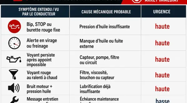 Tableau expliquant les causes et urgences du voyant huile rouge qui s'allume et s'éteint.