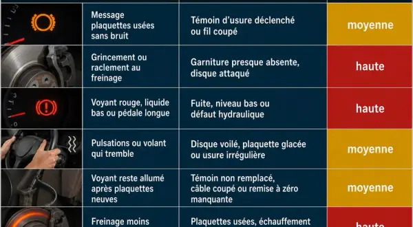 Tableau des symptômes de freinage : voyant plaquette de frein Volkswagen, grincement, pédale longue, volant qui tremble, freinage faible. Causes et urgence associées.