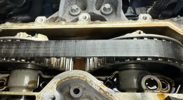 Courroie de distribution usée sur une Citroën C3, signe d'un rappel nécessaire pour éviter la casse moteur.