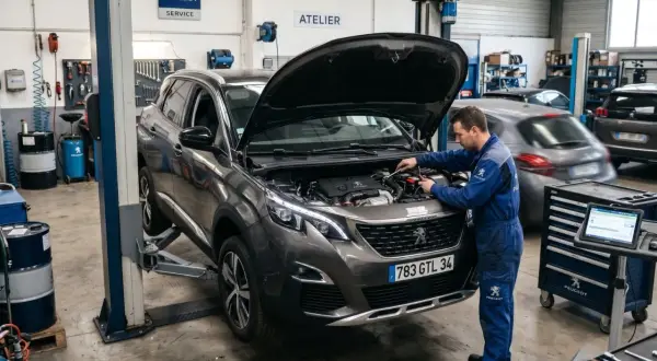 Mécanicien travaillant sur un Peugeot 3008, peut-être pour un problème chaîne distribution.