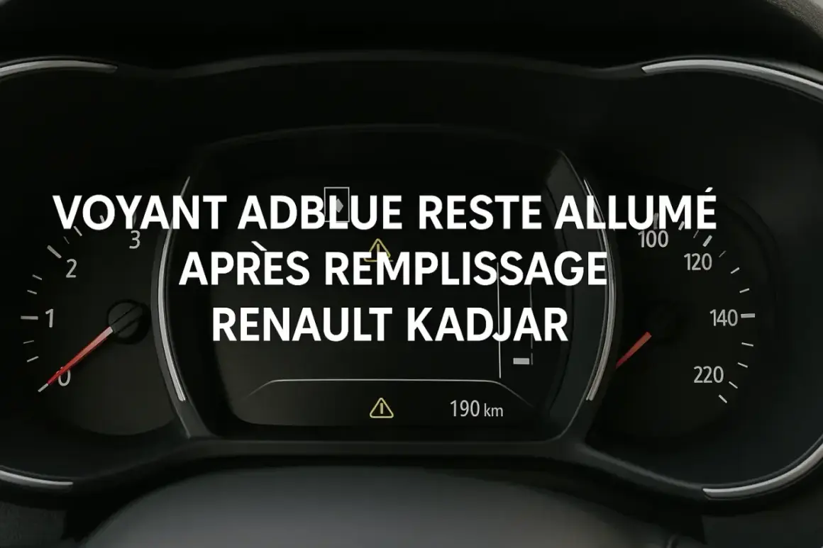 Voyant AdBlue allumé sur Renault Kadjar après remplissage. Le tableau de bord affiche le message et une autonomie restante.