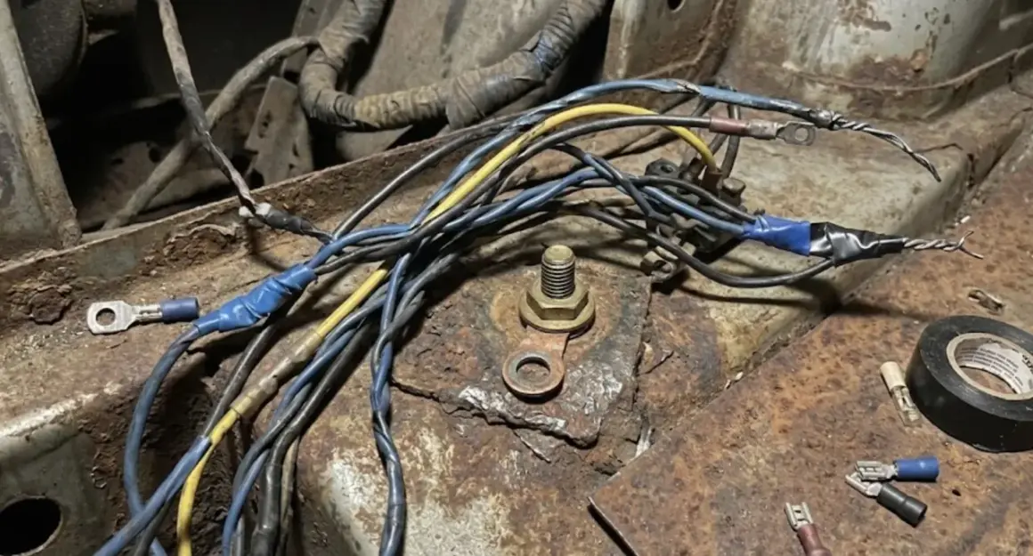 Faisceau de fils de voiture rouillé, un symptôme de mauvaise masse. Connexions électriques bricolées sur une surface corrodée.