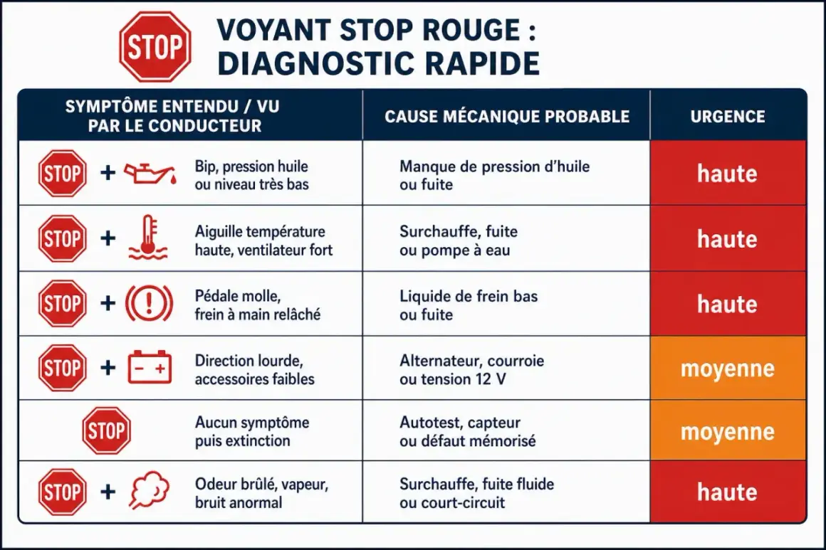 Tableau de diagnostic rapide pour voyant STOP rouge : une odeur de brûlé, vapeur ou bruit anormal peut indiquer une surchauffe, une fuite fluide ou un court-circuit de la voiture.