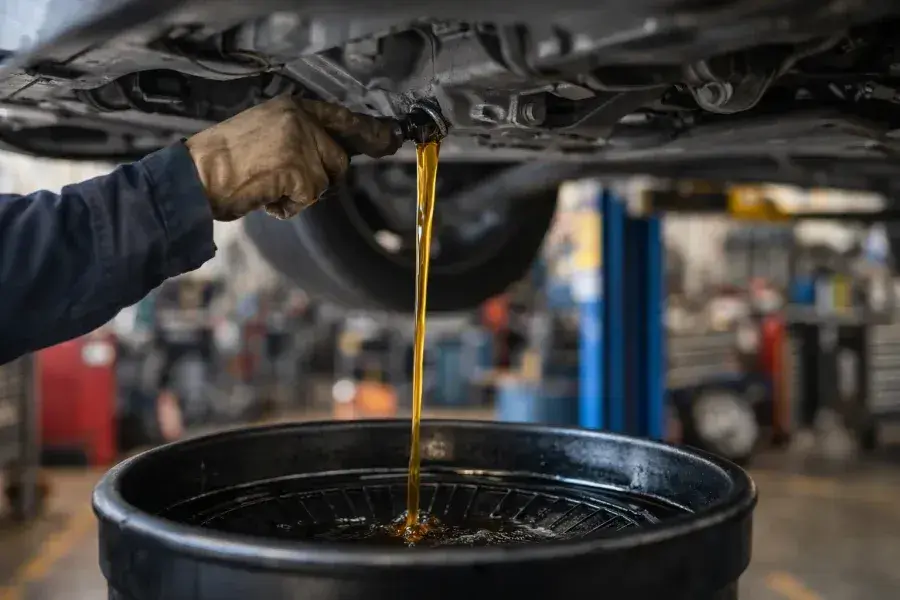 Vidange d'huile moteur d'un véhicule diesel, probablement à 30 000 km. L'huile usagée s'écoule dans un bac de récupération.