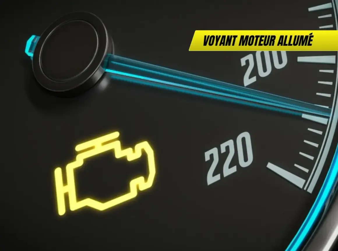 Le voyant moteur allumé, symbole de pollution, clignote sur le tableau de bord. Le compteur indique 200 km/h.