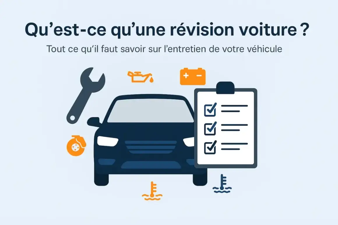 Illustration d'une voiture avec des icônes de mécanique (clé, huile, batterie, thermomètre). Une liste de contrôle est à côté. Idéal pour savoir quand faire la révision de sa voiture.