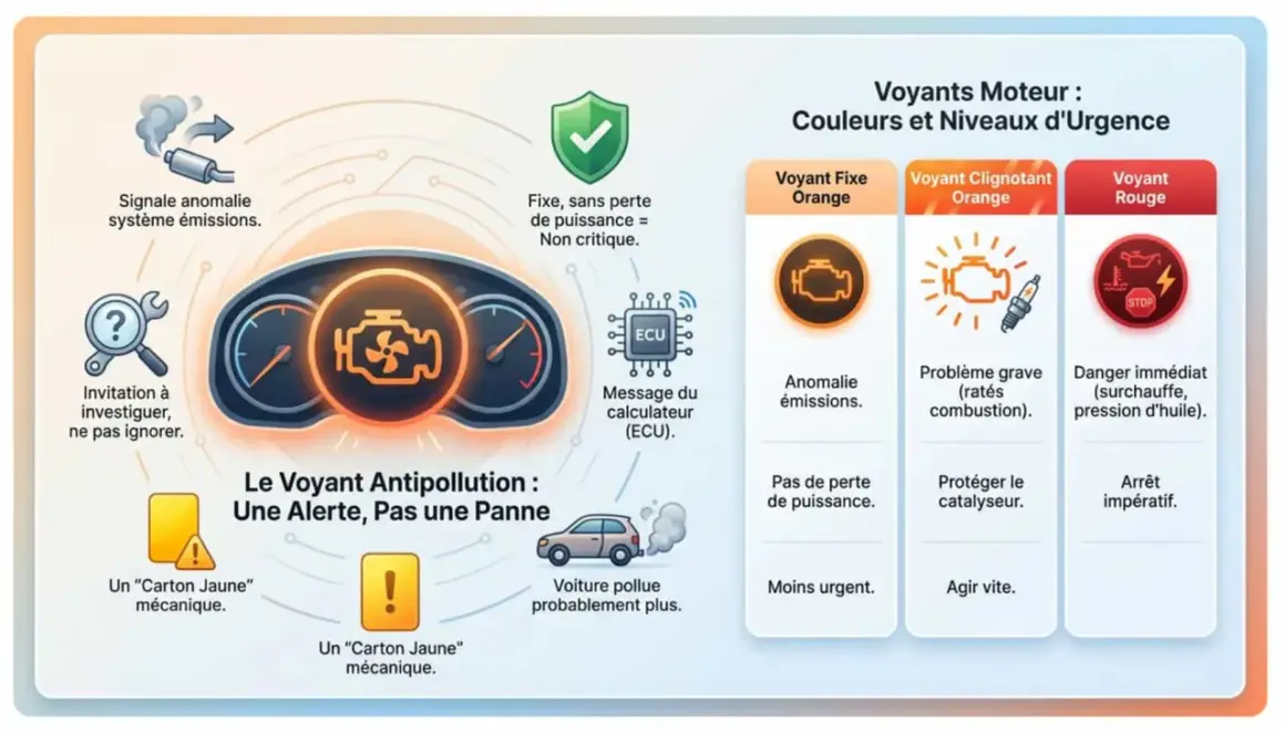 Le voyant antipollution s'allume : orange fixe pour une anomalie d'émissions, clignotant pour un problème grave, rouge pour un danger immédiat. Agir vite pour préserver l'environnement.