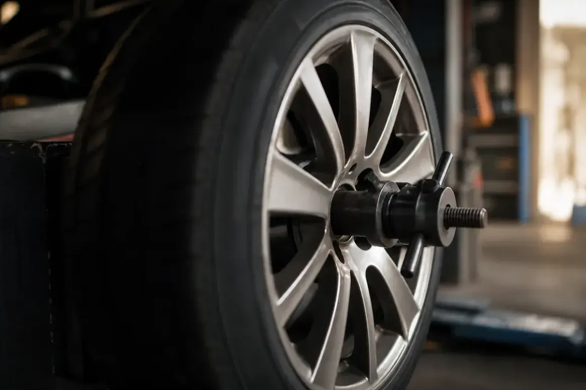 Roue de voiture sur une machine pour l'équilibrage des pneus. Un technicien ajuste l'appareil pour un équilibrage parfait.