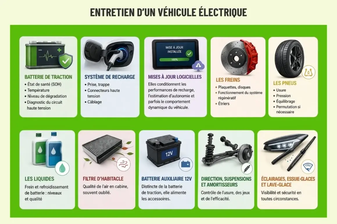 Entretien d'un véhicule électrique : batterie, recharge, freins, pneus, liquides, filtre, etc. La vidange voiture électrique concerne les fluides.