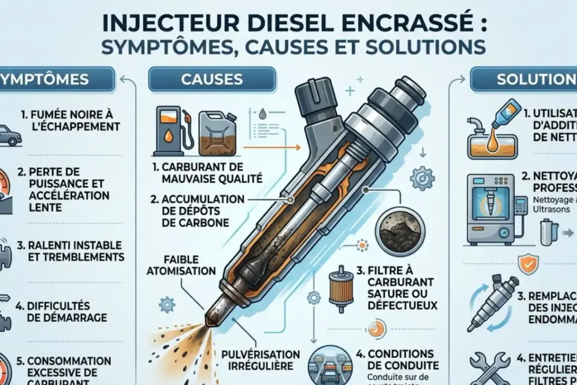 Schéma illustrant les symptômes d'un injecteur encrassé diesel : fumée noire, perte de puissance, ralenti instable, difficultés de démarrage, consommation excessive. Causes : carburant de mauvaise qualité, dépôts de carbone, filtre saturé. Solutions : ...
