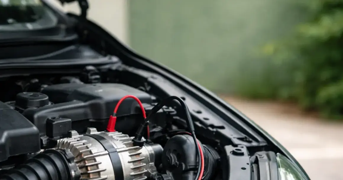 Diagnostic d'un panne alternateur symptôme : un alternateur de voiture avec des câbles de test connectés.
