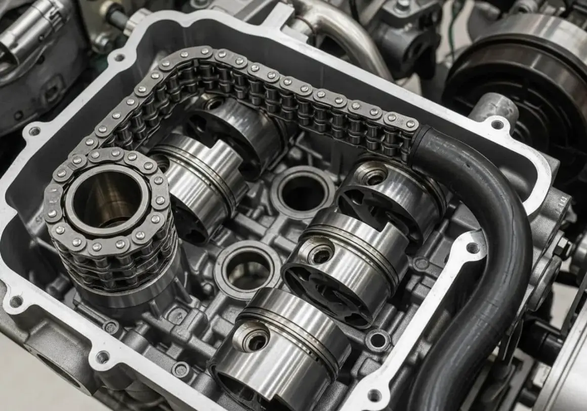 Vue rapprochée d'un moteur TCE 130, montrant la chaîne de distribution et les pistons. Ce moteur utilise une chaîne, pas une courroie.
