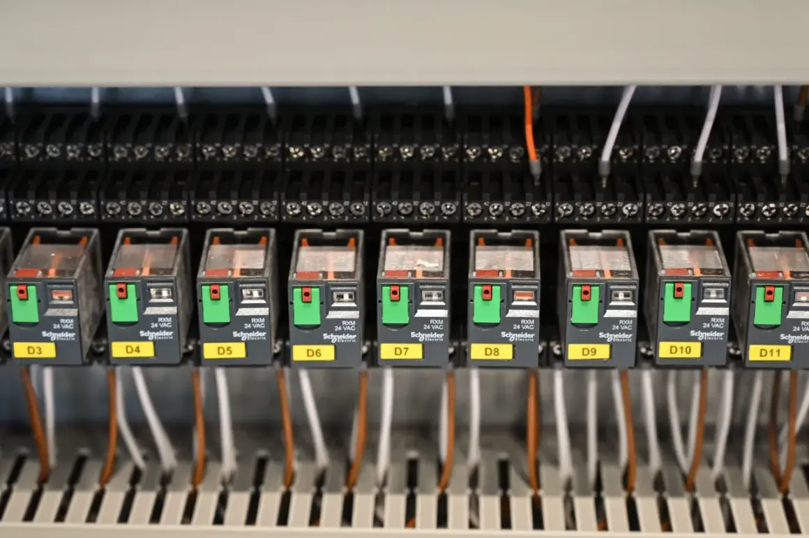 Relais industriels Schneider Electric, numérotés D3 à D11. Un bruit de démarreur HS pourrait provenir de l'un de ces composants.