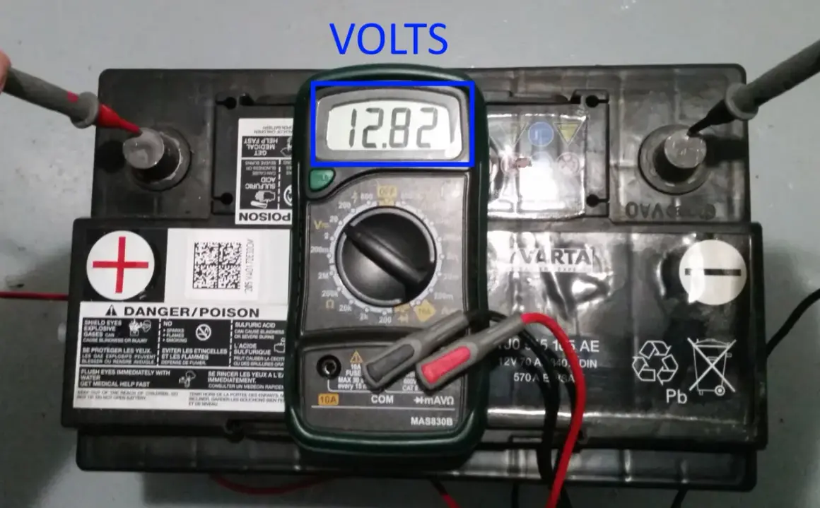 Comment tester une batterie : un multimètre affiche 12,82 V sur une batterie de voiture Varta.