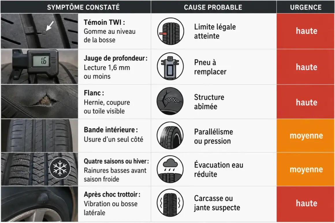 Tableau comparant les symptômes d'usure des pneus, leurs causes probables et l'urgence. L'usure anormale peut indiquer un problème.