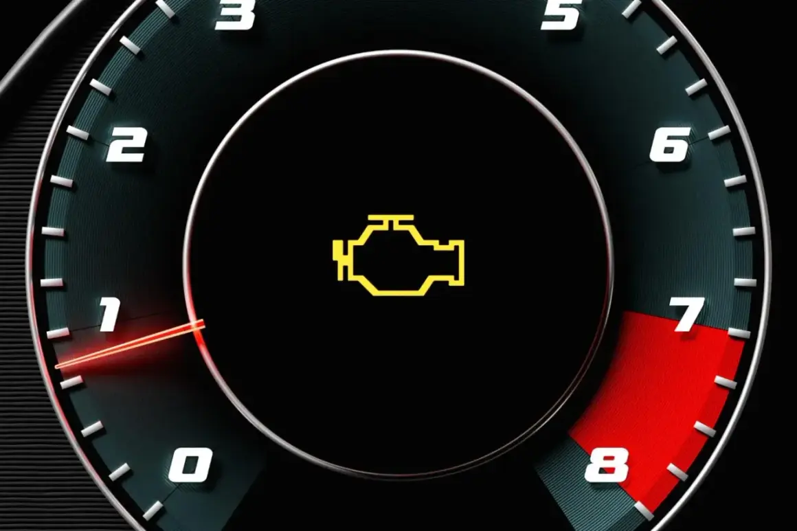 Tableau de bord d'une voiture avec le voyant moteur allumé sans perte de puissance. Le témoin jaune en forme de moteur est visible au centre.