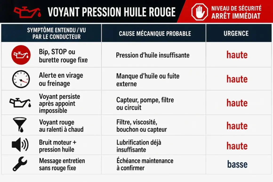 Tableau expliquant les causes et urgences du voyant huile rouge qui s'allume et s'éteint.