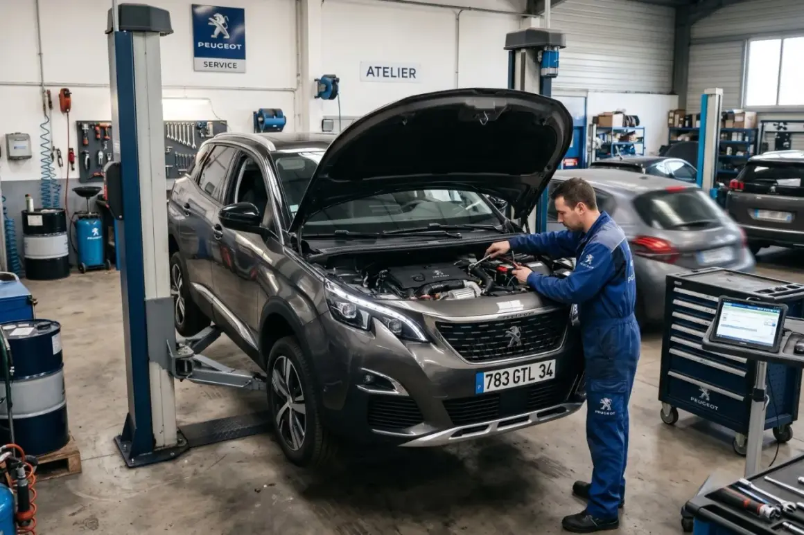 Mécanicien travaillant sur un Peugeot 3008, peut-être pour un problème chaîne distribution.