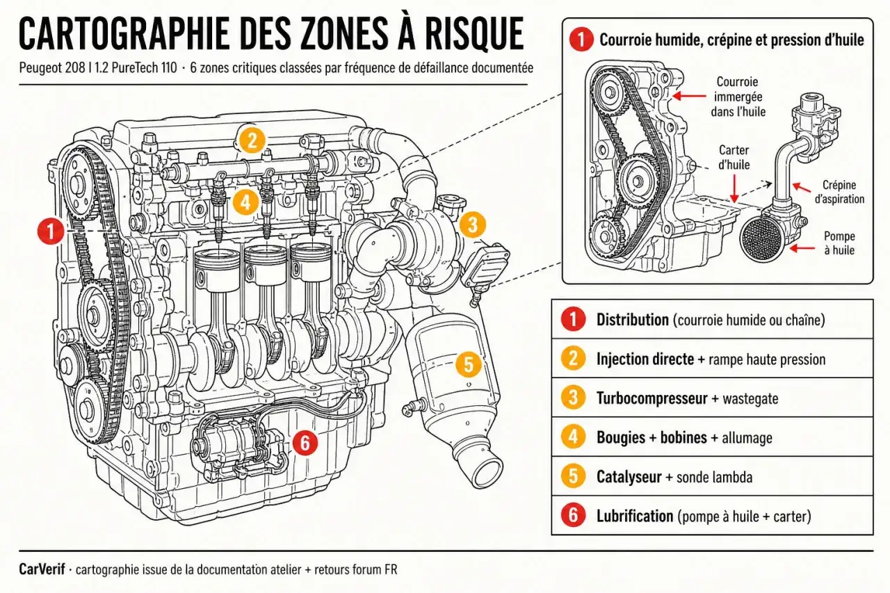 Schéma moteur Peugeot 208 1.2 PureTech 110, illustrant la distribution (courroie humide ou chaîne) et 5 autres zones à risque.
