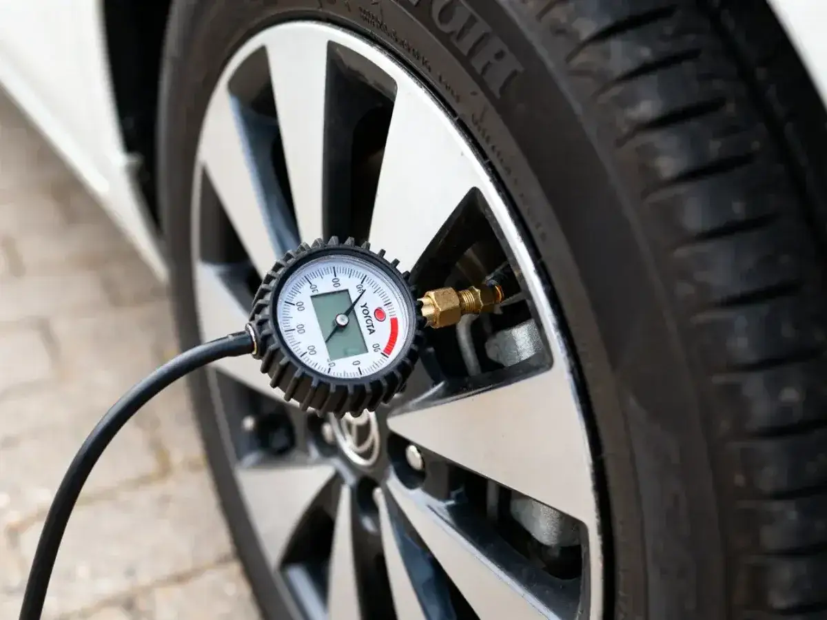 Manom&egrave;tre connect&eacute; &agrave; la valve d'une roue de Toyota Yaris, le voyant pression pneu reste allum&eacute;.
