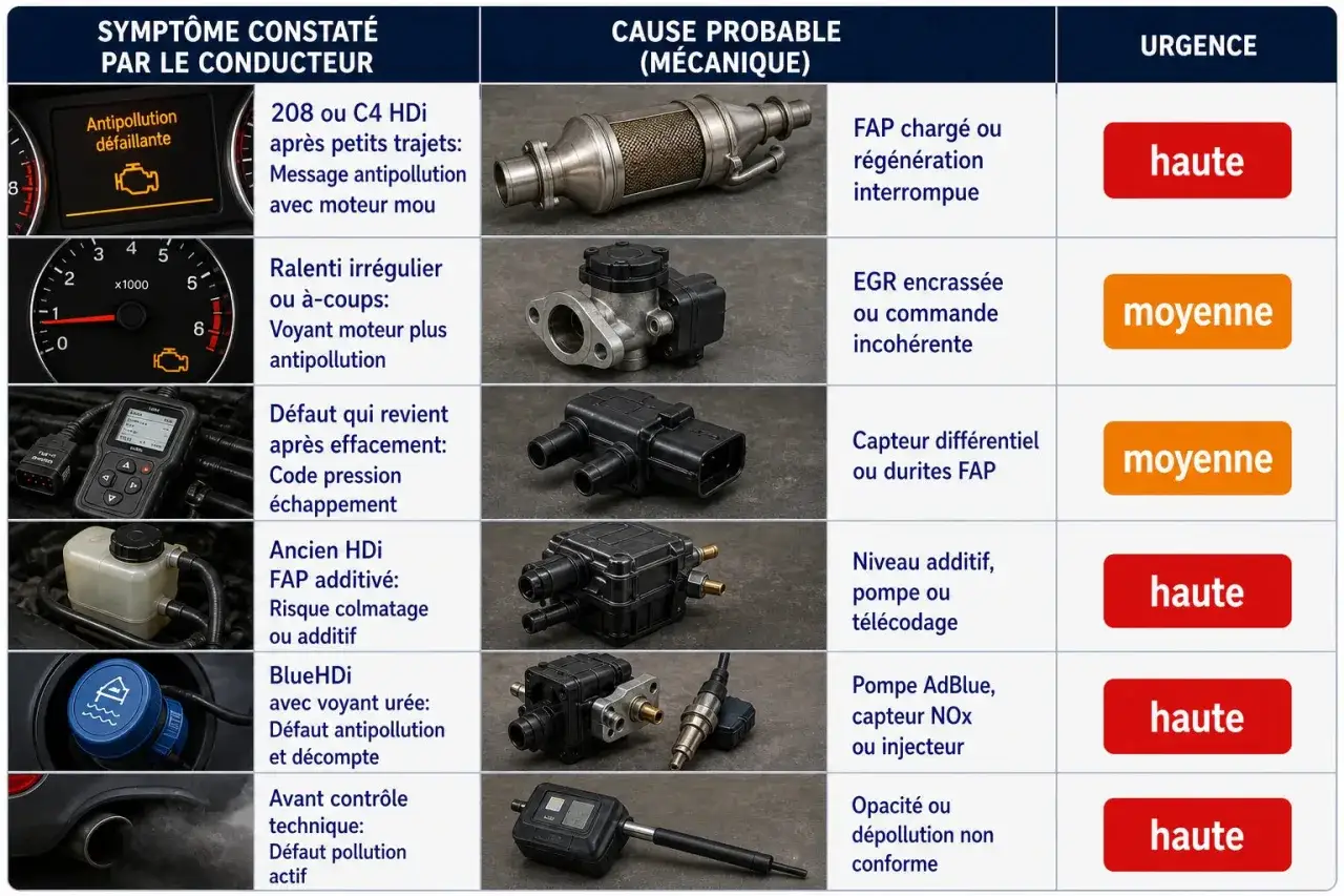 Tableau des causes probables d'un système antipollution défaillant : FAP encrassé, EGR, capteur différentiel, niveau additif, pompe AdBlue, opacité. Urgence variable.