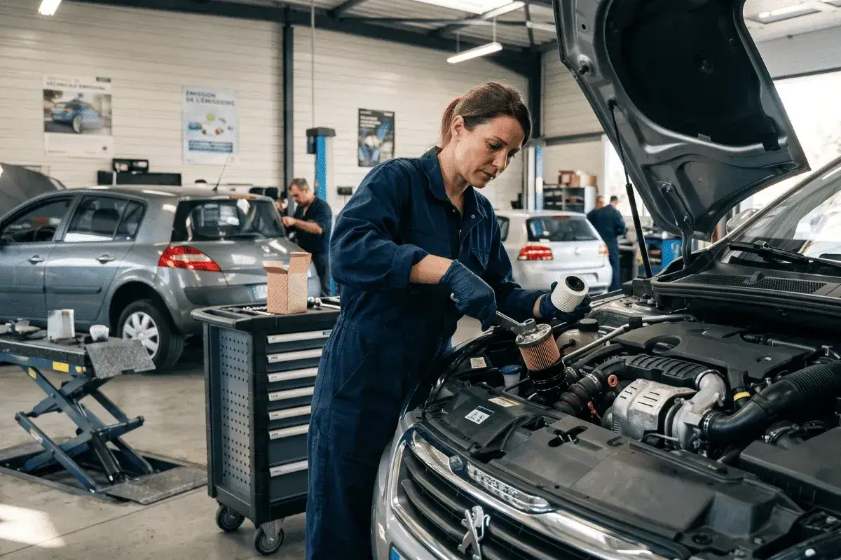 Mécanicienne effectuant la vidange diesel 30000 km, remplaçant le filtre à huile dans un atelier automobile.
