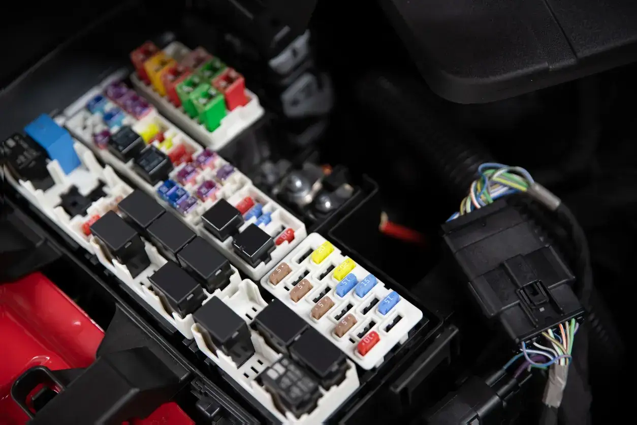 Bo&icirc;te &agrave; fusibles d'une voiture, avec des fusibles de diff&eacute;rentes couleurs et tailles, y compris un fusible airbag.