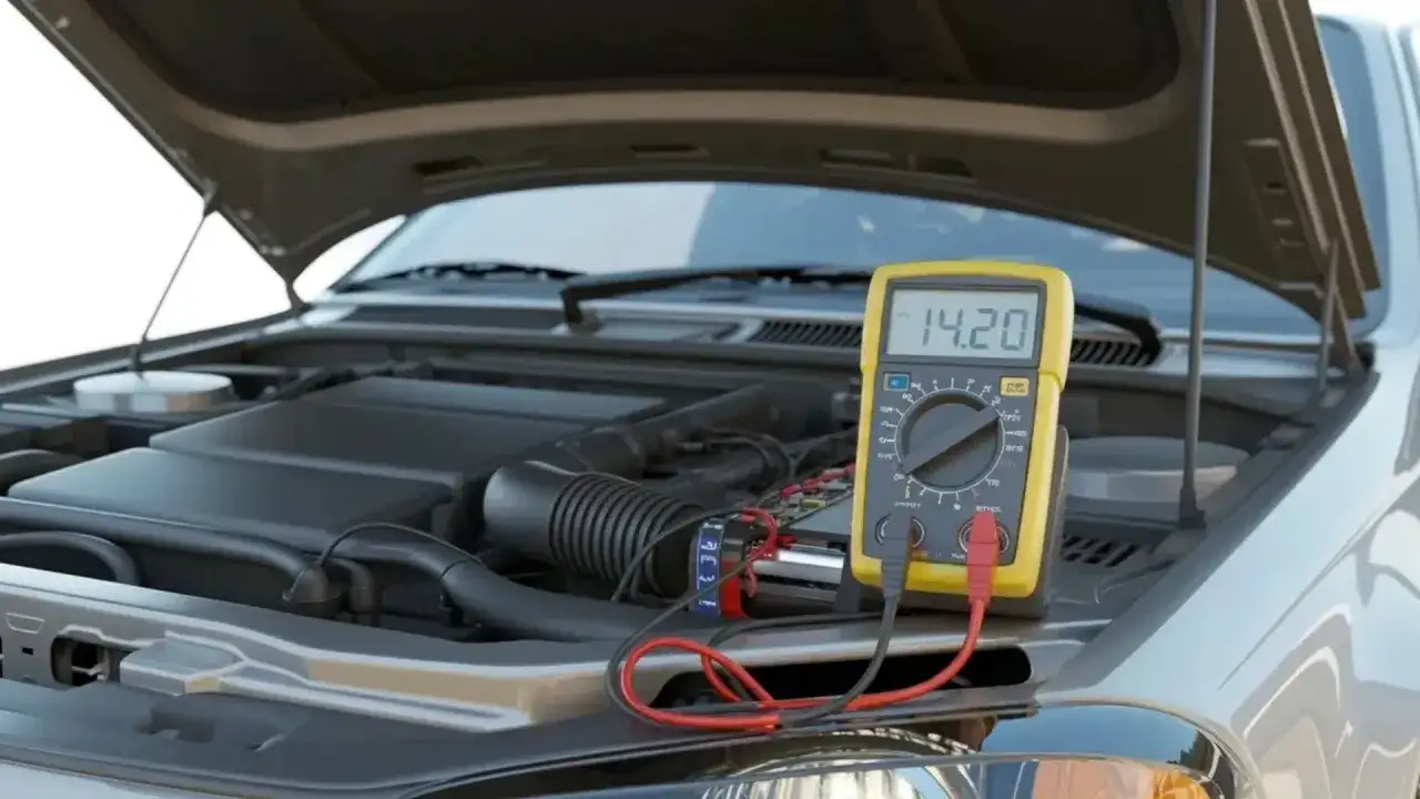 Multimètre jaune branché sur la batterie d'une voiture. Aide à savoir si c'est la batterie ou l'alternateur qui pose problème.