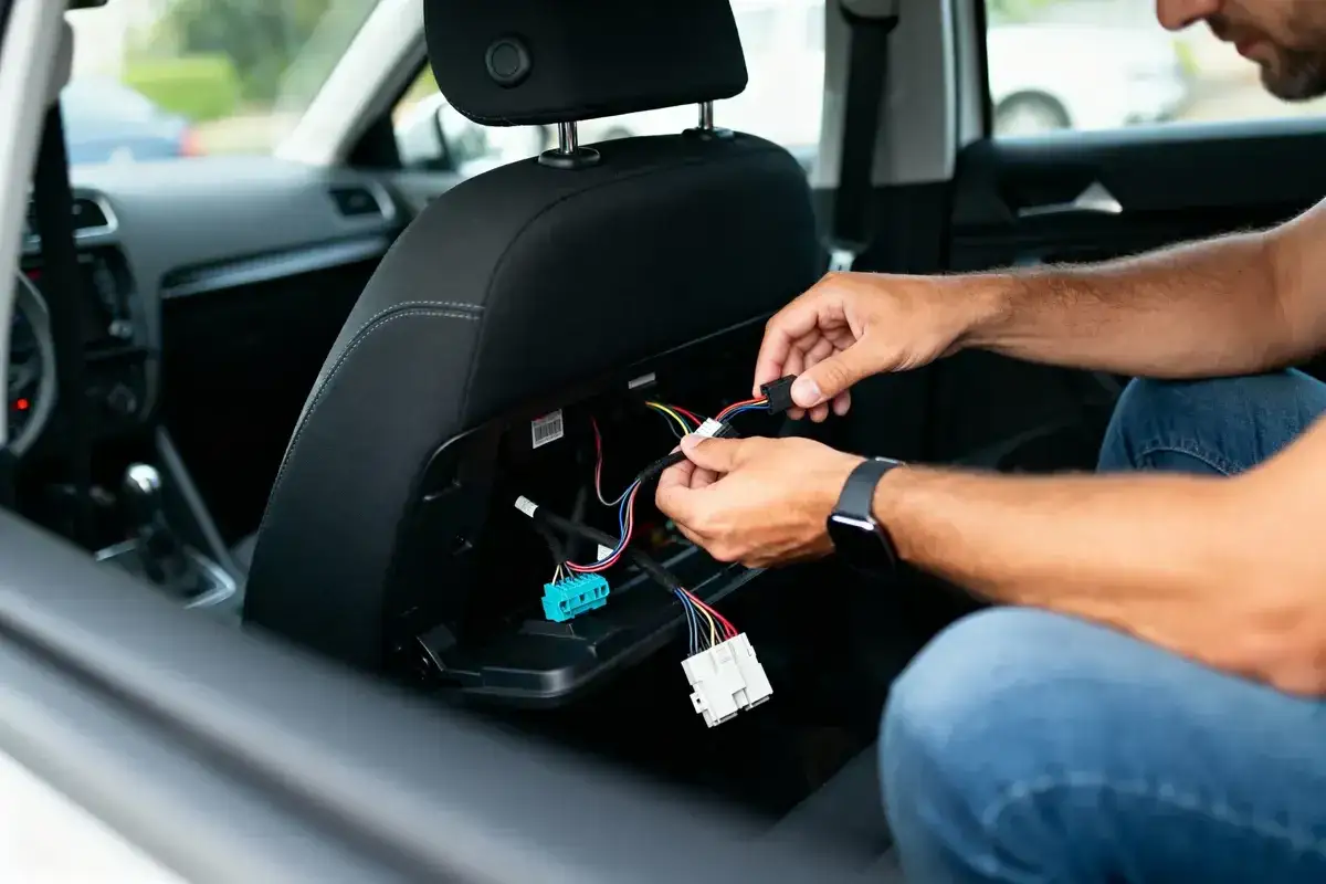 Un homme manipule des c&acirc;bles sous un si&egrave;ge de voiture, une astuce pour enlever le voyant airbag.