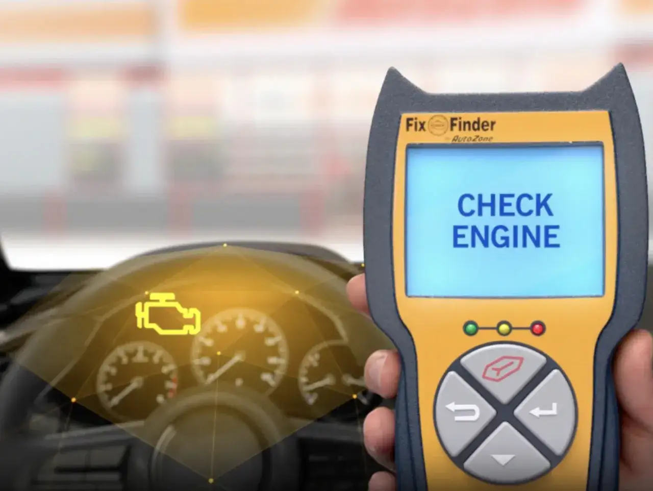 Voyant moteur allumé sur le tableau de bord et appareil de diagnostic affichant "CHECK ENGINE".