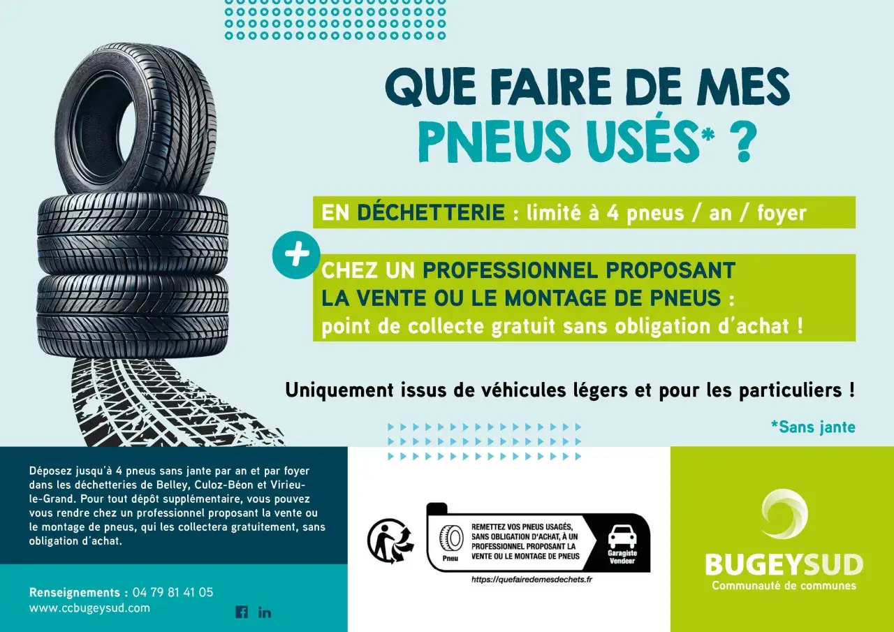 Des pneus usag&eacute;s empil&eacute;s. L'image explique les options de recyclage pneu : d&eacute;chetterie ou professionnel.