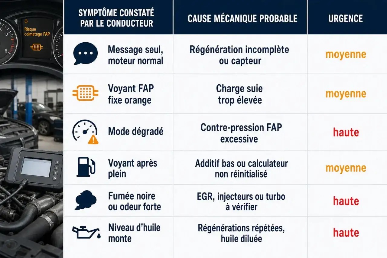 Tableau des symptômes de risque de colmatage filtre à particule (FAP) : causes et urgence.