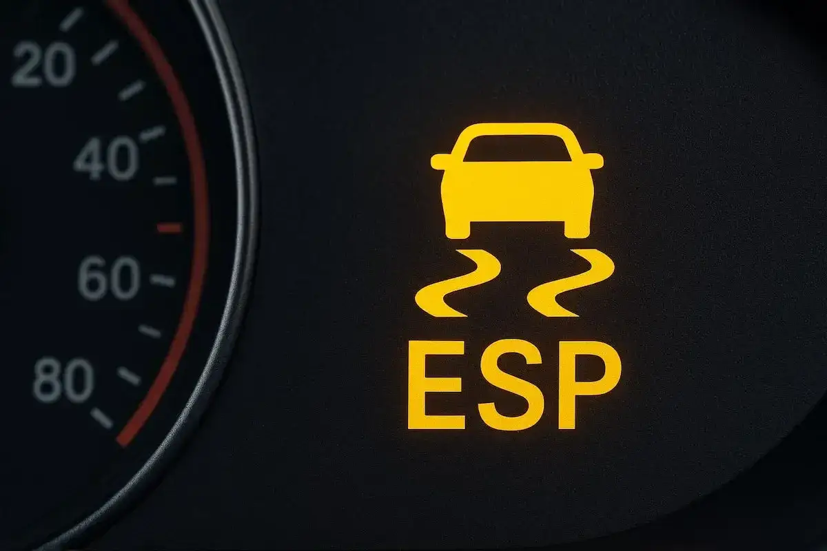 Voyant ESP allumé, signalant une voiture qui glisse sur la route.
