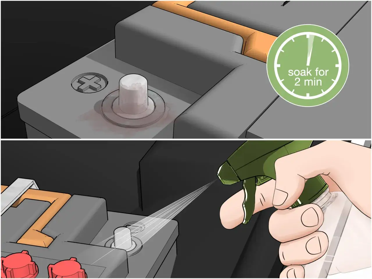 Nettoyer les cosses de batterie oxyd&eacute;es. Le dessus montre une cosse avec une substance blanche et rouge. Le dessous montre une main pulv&eacute;risant un liquide sur la cosse.