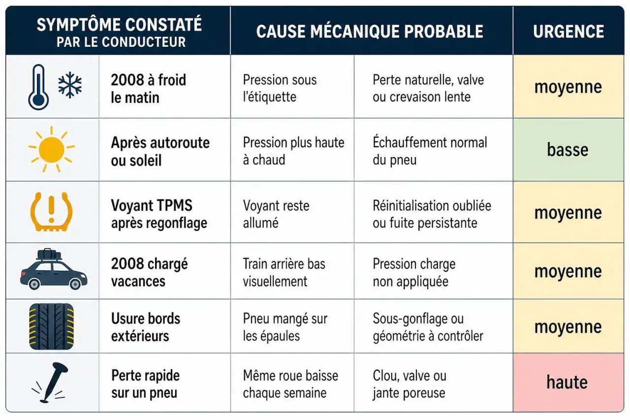 Tableau des symptômes de pression pneu 2008 : froid, soleil, voyant TPMS, vacances, usure, perte rapide. Causes et urgence associées.