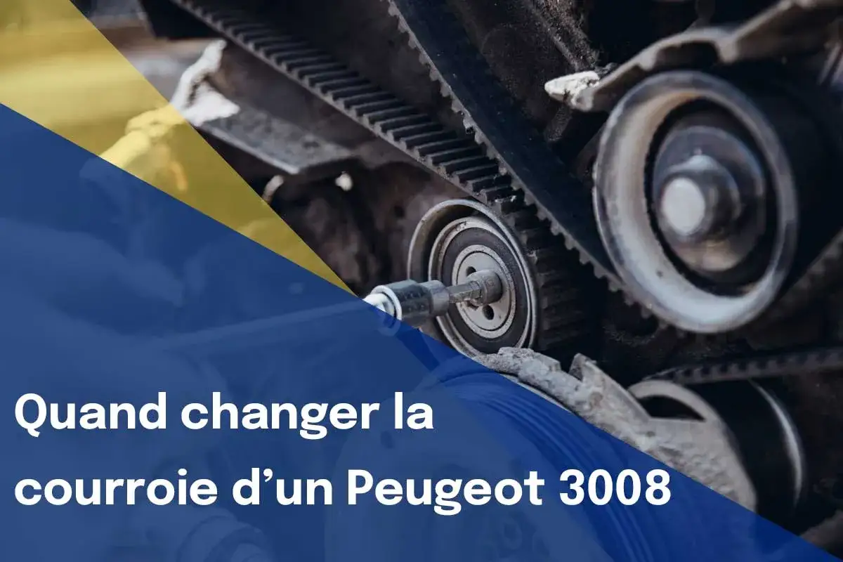 Mécanisme de distribution d'un Peugeot 3008, avec courroie crantée et poulies. Un outil est visible, suggérant une intervention pour un problème de chaîne de distribution.