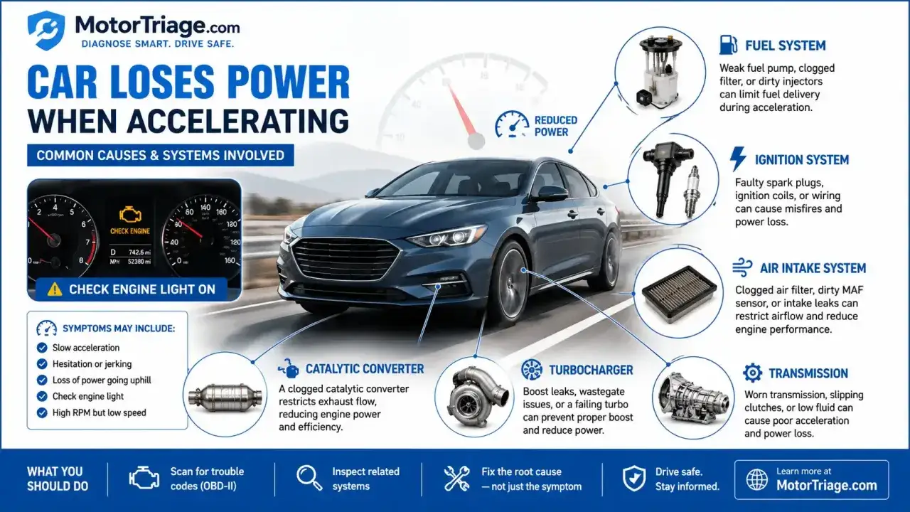 Ma voiture ne monte pas facilement une pente. L'image explique les causes de perte de puissance à l'accélération : système d'alimentation, d'allumage, d'admission d'air, catalyseur, turbo, transmission.