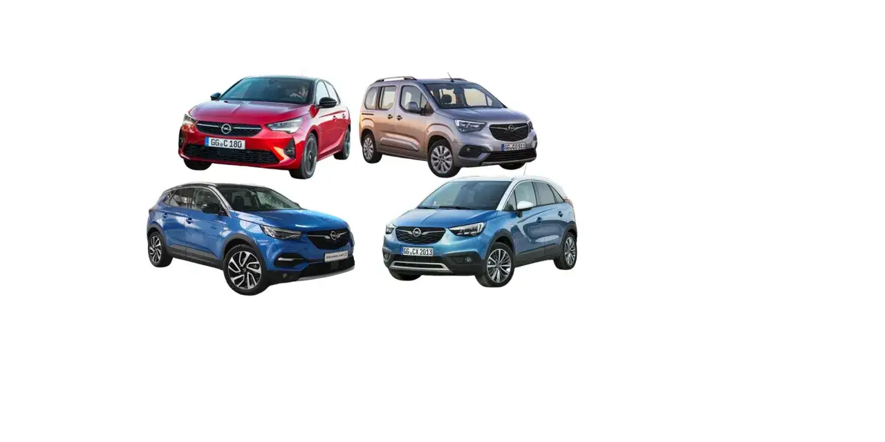 Quatre Opel : une rouge, une grise, une bleue et une bleu clair. La campagne de rappel Opel Crossland X concerne ces mod&egrave;les.