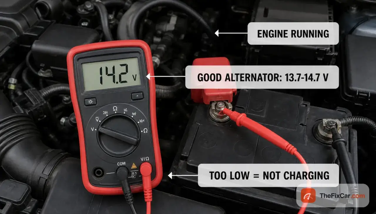 Multim&egrave;tre affichant 14.2V, indiquant que la batterie neuve d&eacute;charg&eacute;e est en charge. L'alternateur fonctionne bien.