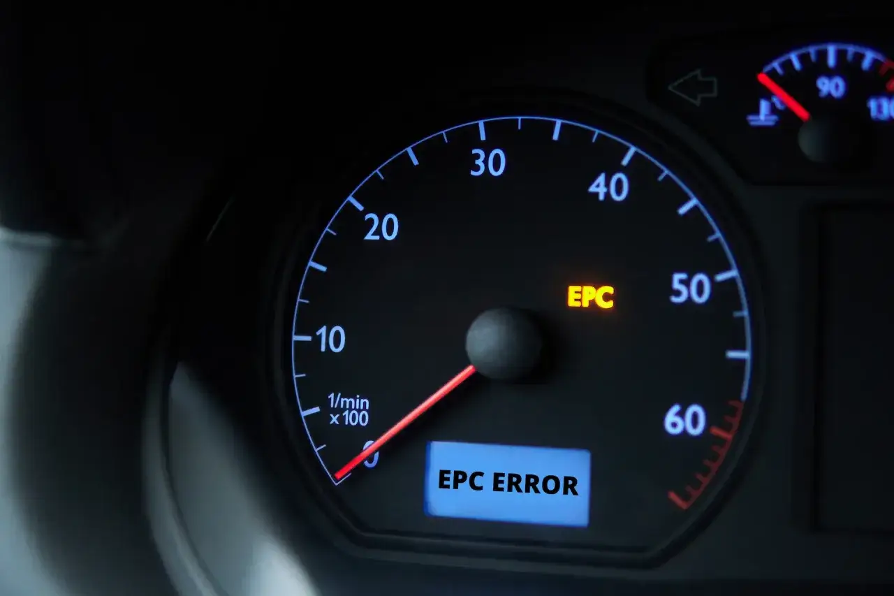 Tableau de bord d'une voiture avec le voyant EPC allumé, indiquant une erreur. Le compteur de vitesse est visible.