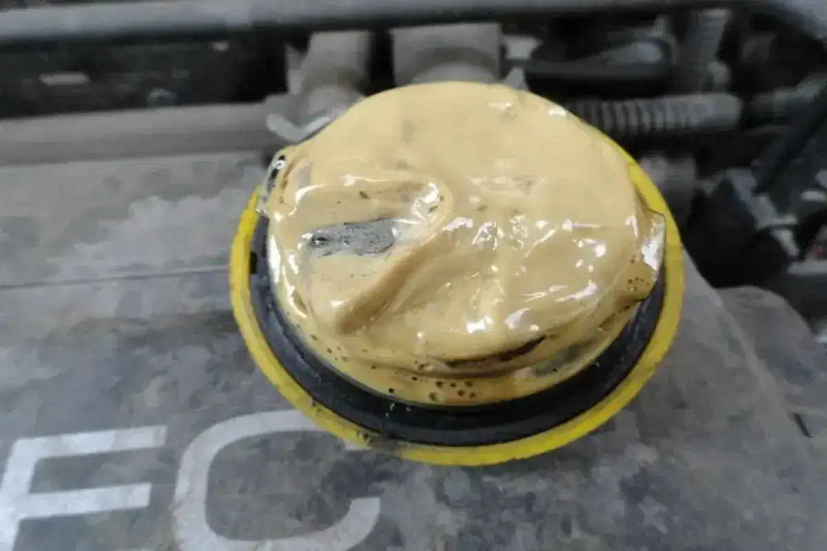 Bouchon de moteur avec une substance jaune épaisse et mousseuse.