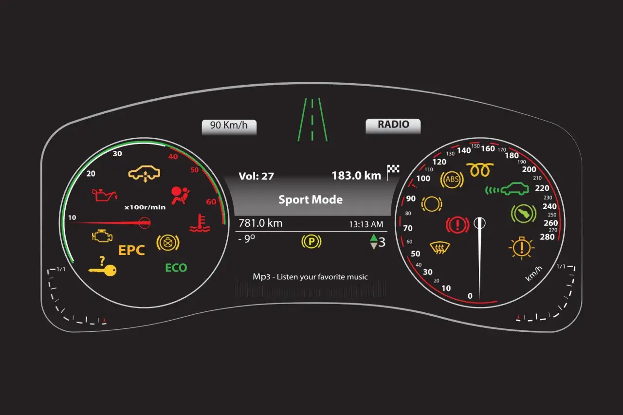 Tableau de bord d'une voiture en mode Sport. Voyant roue crant&eacute;e, point d'exclamation, et autres indicateurs.