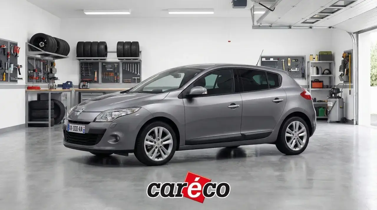 Une Renault Mégane 3 grise, prête pour une injection à contrôler, dans un garage bien rangé avec des outils et des pneus.