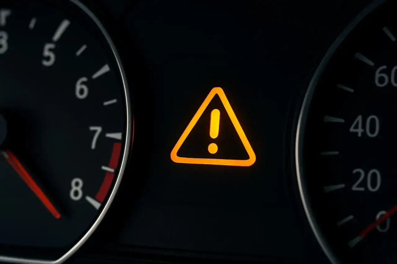 Tableau de bord d'une voiture avec le voyant moteur point d'exclamation allumé en orange, signalant un problème.